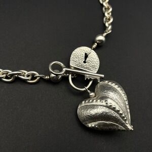 Chunky Sterling Silver Heart Lock Key Toggle Necklace Statement Jewelry